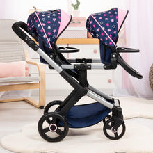 Load image into Gallery viewer, Bayer Design Dolls: Xeo Twin Pram: Stars Navy & Pink