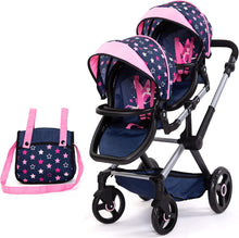Load image into Gallery viewer, Bayer Design Dolls: Xeo Twin Pram: Stars Navy & Pink