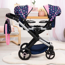 Load image into Gallery viewer, Bayer Design Dolls: Xeo Twin Pram: Stars Navy & Pink