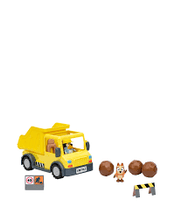 Load image into Gallery viewer, Bluey&#39;s Dump Truck with Hard-Hat Bluey and Muddy Bingo Figures
