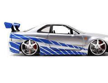 Load image into Gallery viewer, 1:24 Brian's Nissan Skyline R34 GT-R -- Silver/Blue -- Fast &amp; Furious JADA
