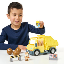 Load image into Gallery viewer, Bluey&#39;s Dump Truck with Hard-Hat Bluey and Muddy Bingo Figures

